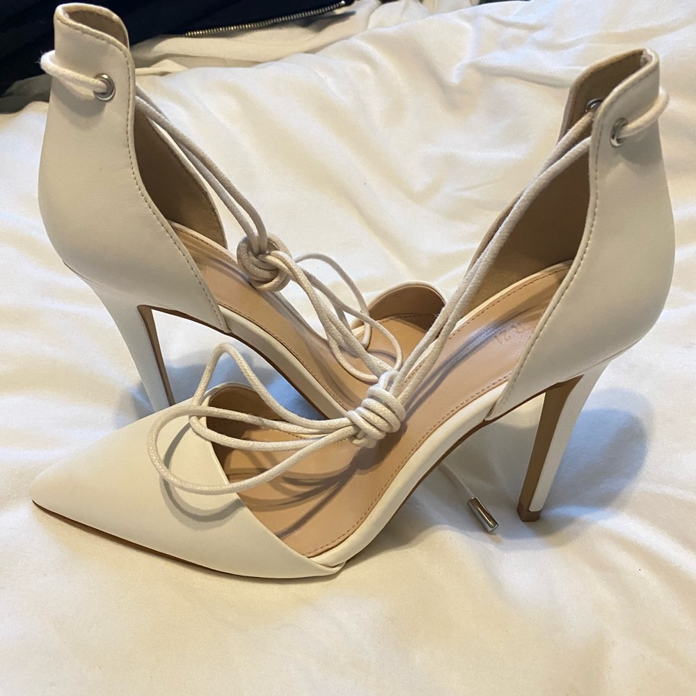 Pointed White Lace-up Heels
